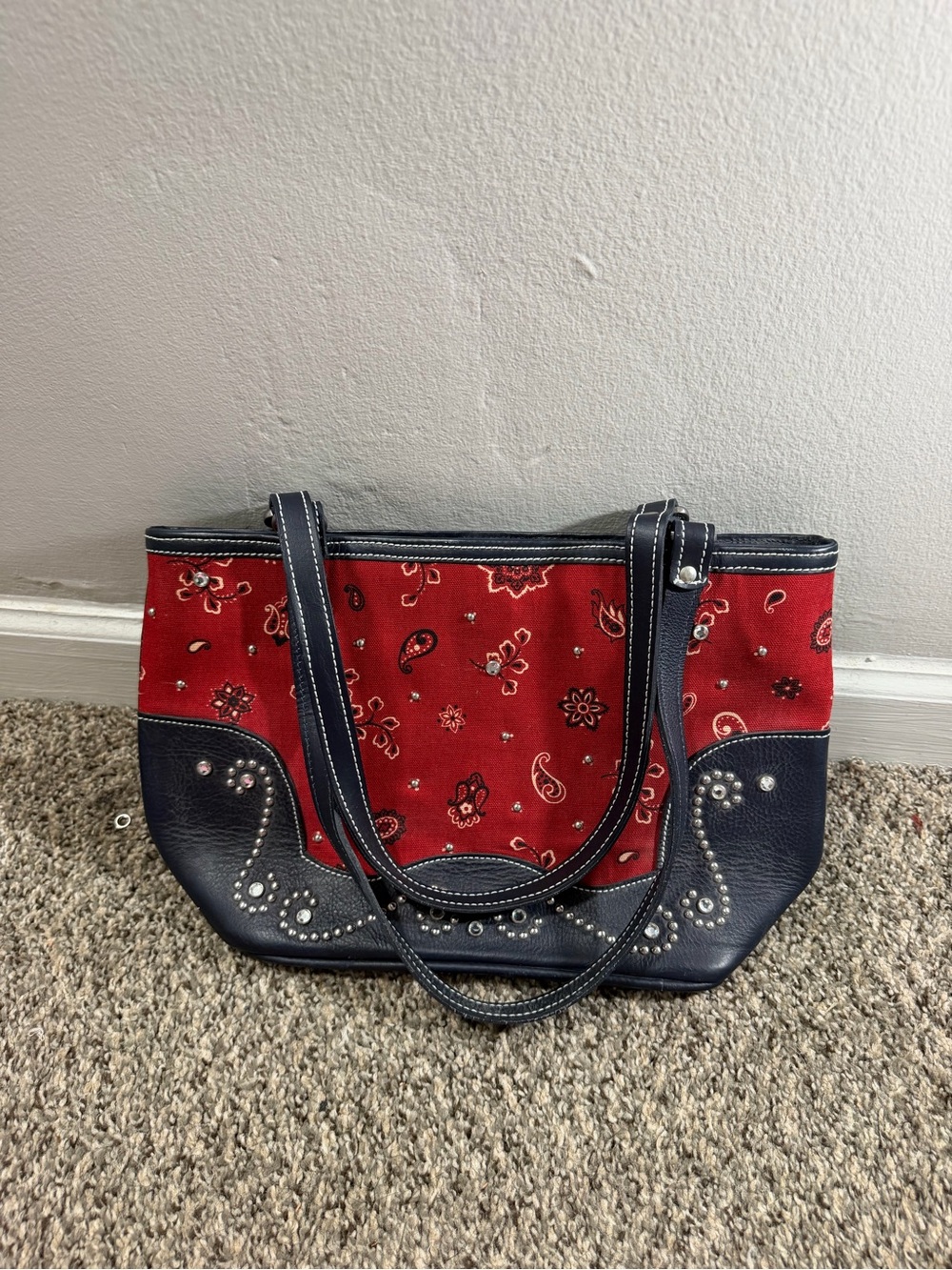 Red Bandana-Print Tote with Navy Trim and Stud Accents